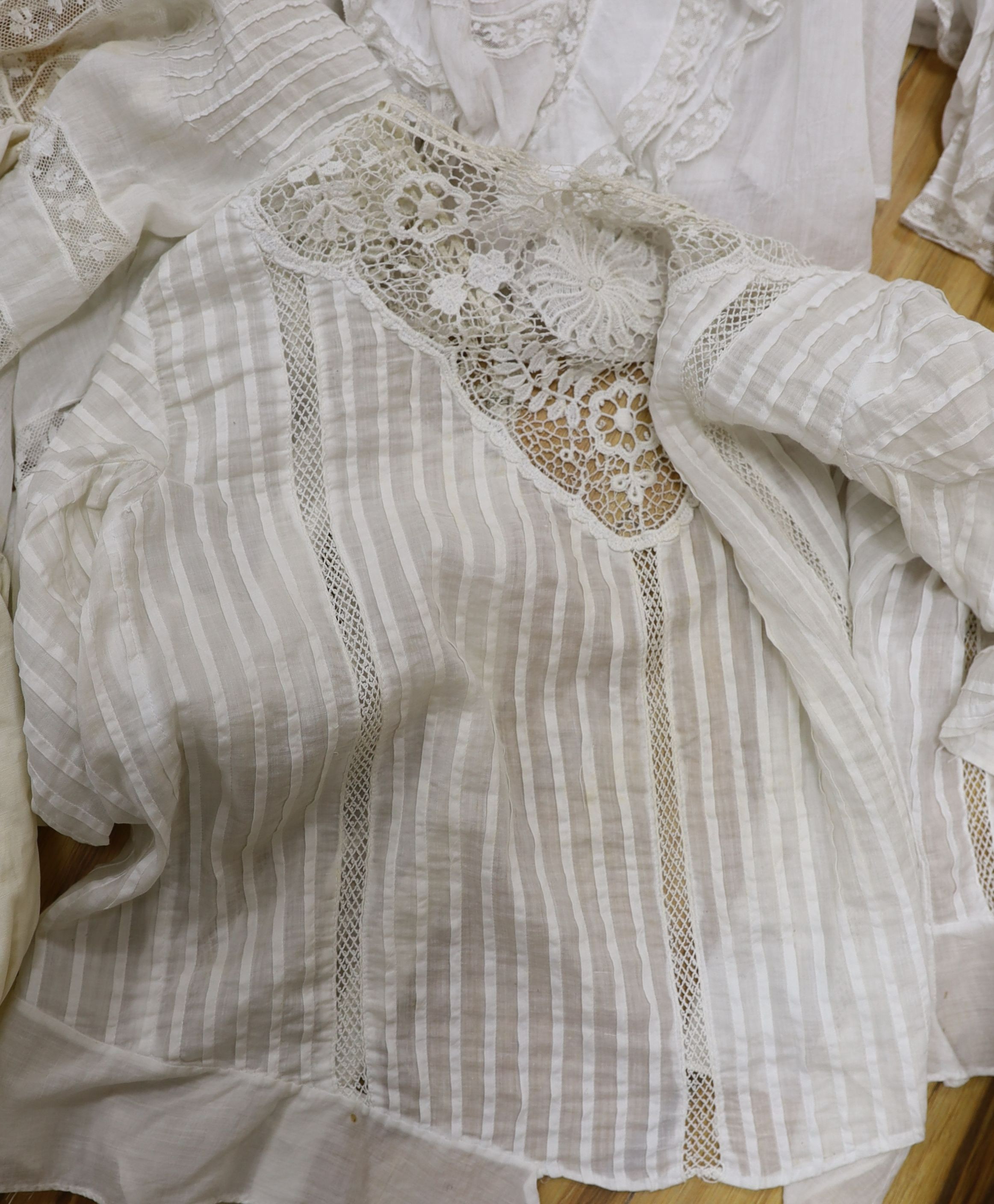 Six Edwardian fine lawn ladies summer blouses with lace and embroidered and pintucked panel and a camisole